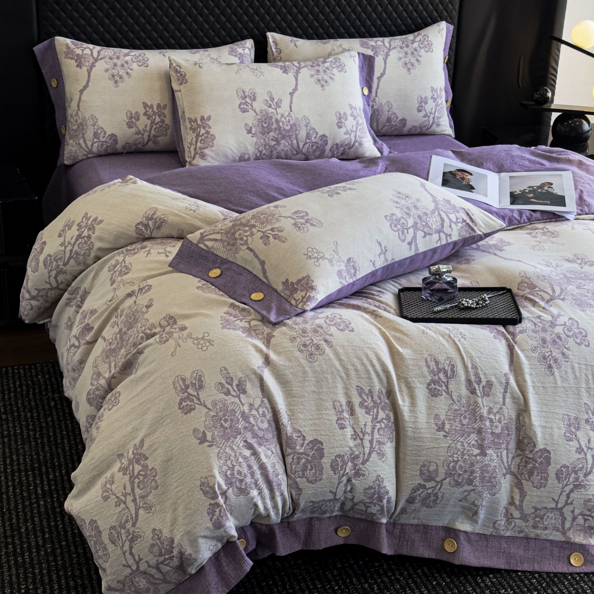 91家纺网 家纺一手货源 找家纺 晚爱家纺（原晚安家居） 2025新款A类原麻四件套纽扣款加厚双层纱仿亚麻套件四件套紫嫣