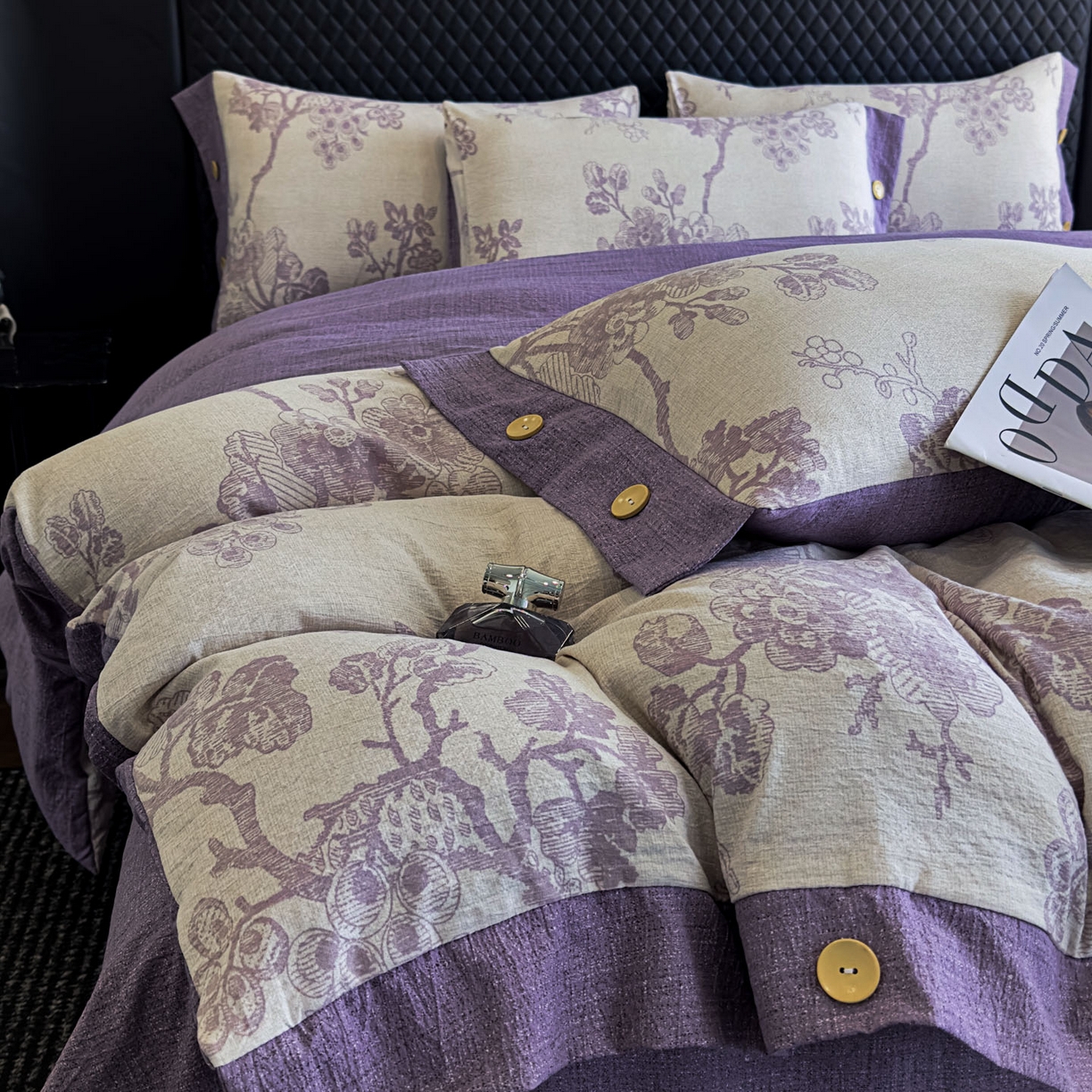 91家纺网 家纺一手货源 找家纺 晚爱家纺（原晚安家居） 2025新款A类原麻四件套纽扣款加厚双层纱仿亚麻套件四件套紫嫣