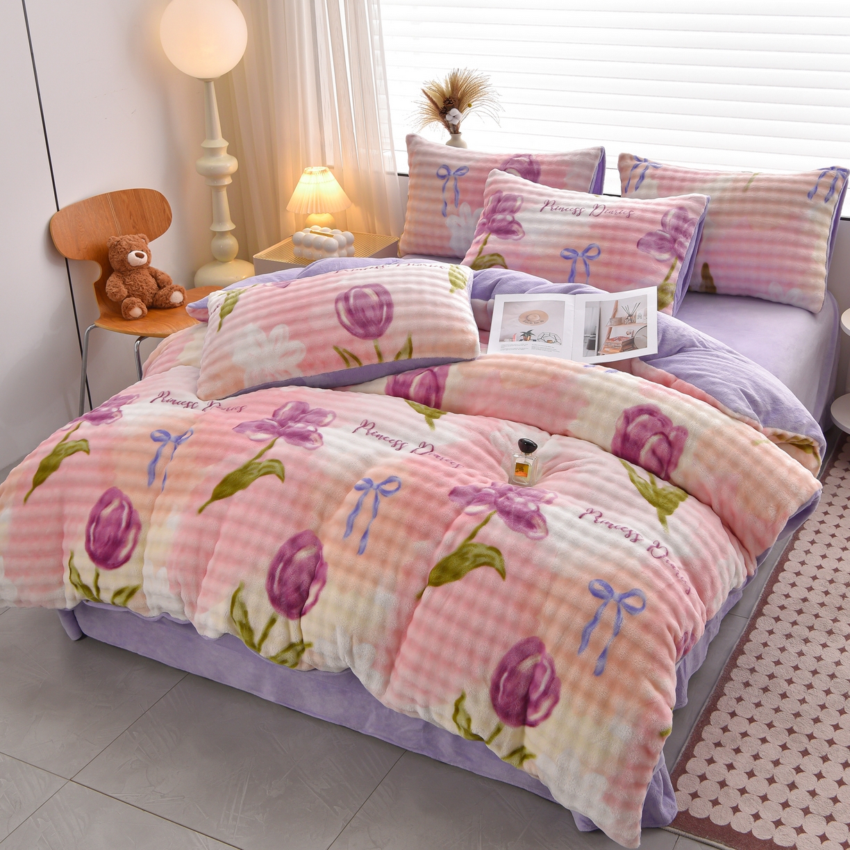 苏迪网销供货 2025新款牛奶绒加厚高克重A类兔毛牛奶泡泡绒四件套 盛夏花开