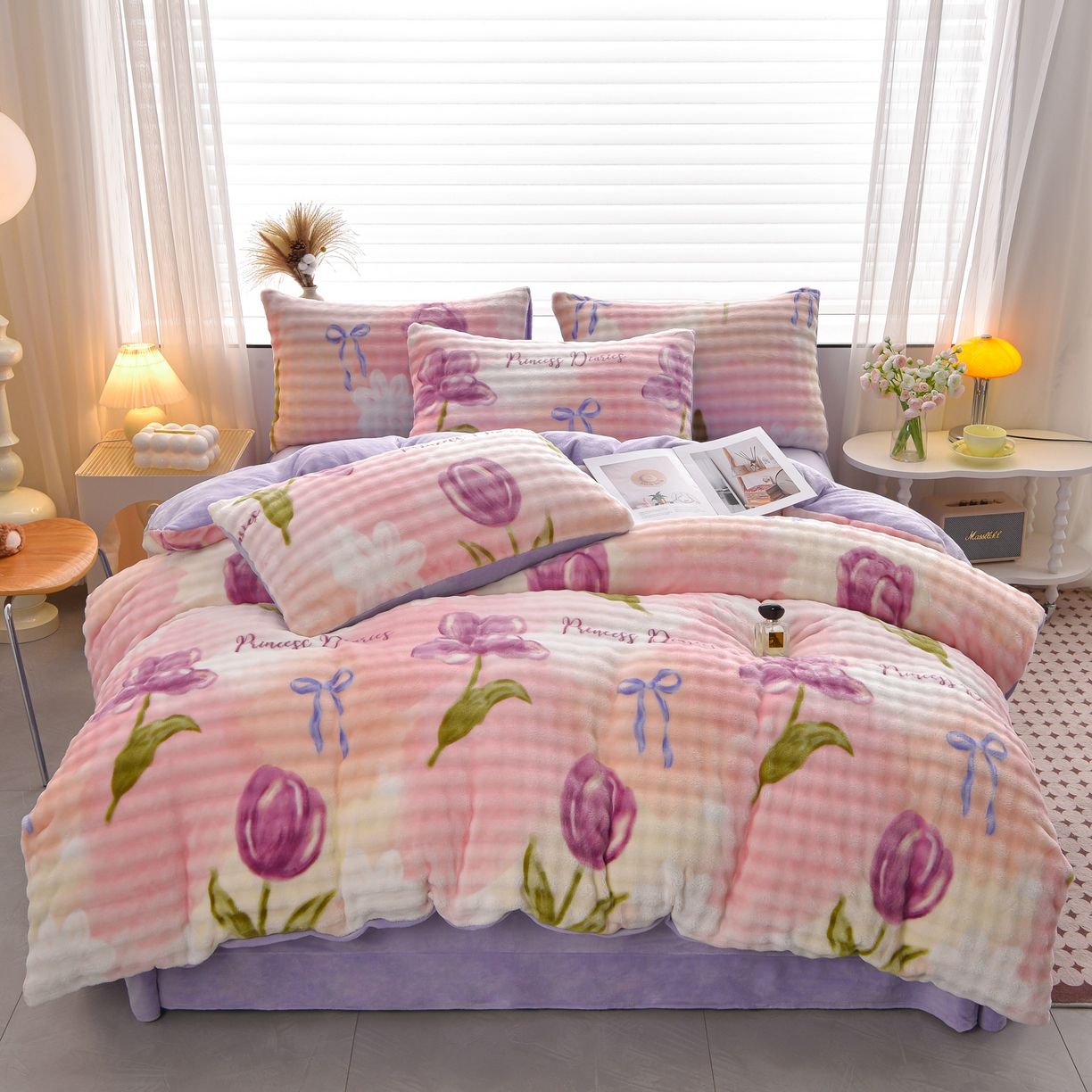 91家纺网 家纺一手货源 找家纺 苏迪网销供货 2025新款牛奶绒加厚高克重A类兔毛牛奶泡泡绒四件套 盛夏花开