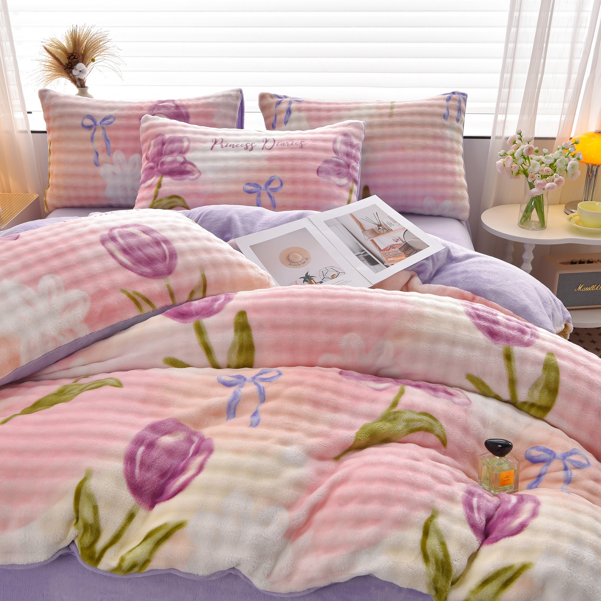 91家纺网 家纺一手货源 找家纺 苏迪网销供货 2025新款牛奶绒加厚高克重A类兔毛牛奶泡泡绒四件套 盛夏花开