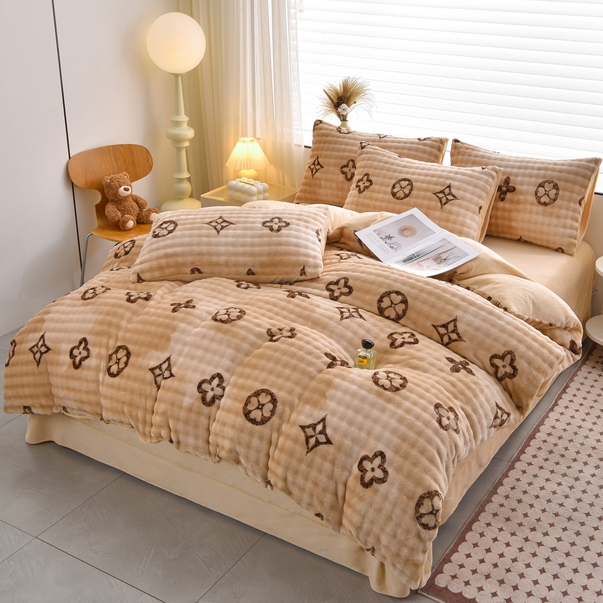 苏迪网销供货 2025新款牛奶绒加厚高克重A类兔毛牛奶泡泡绒四件套 墨本(咖)