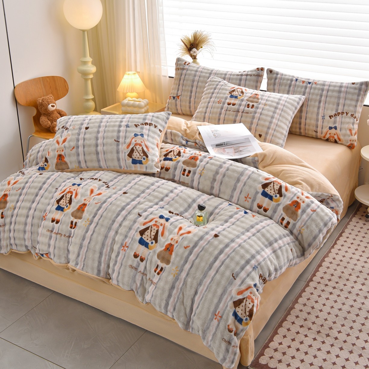 苏迪网销供货 2025新款牛奶绒加厚高克重A类兔毛牛奶泡泡绒四件套 竖格萌兔