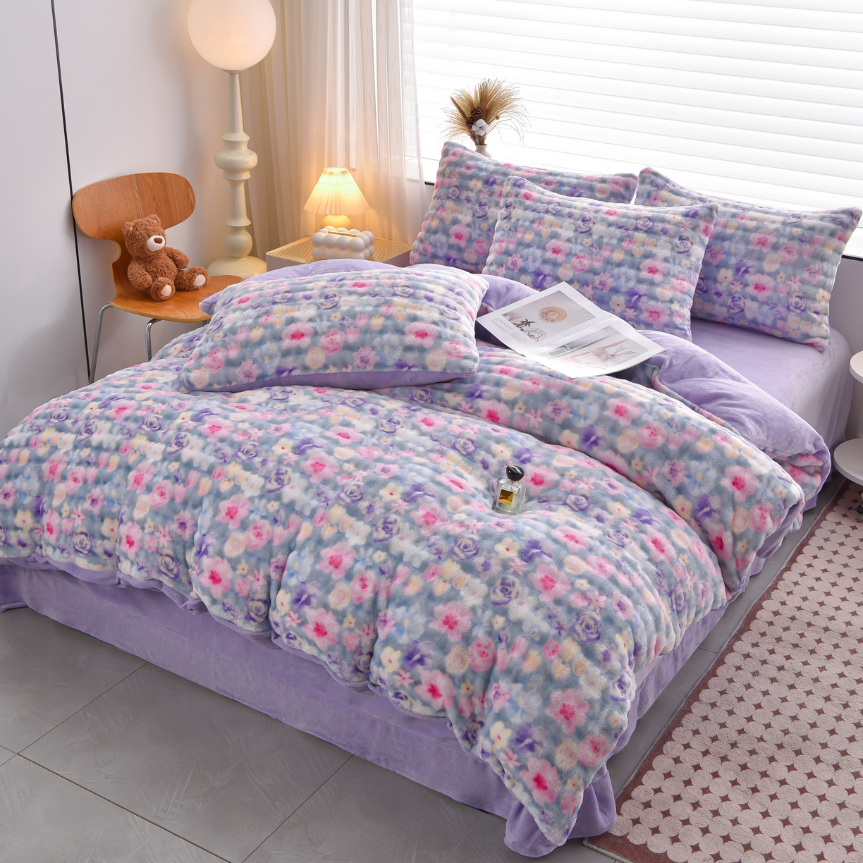 苏迪网销供货 2025新款牛奶绒加厚高克重A类兔毛牛奶泡泡绒四件套 水墨花园