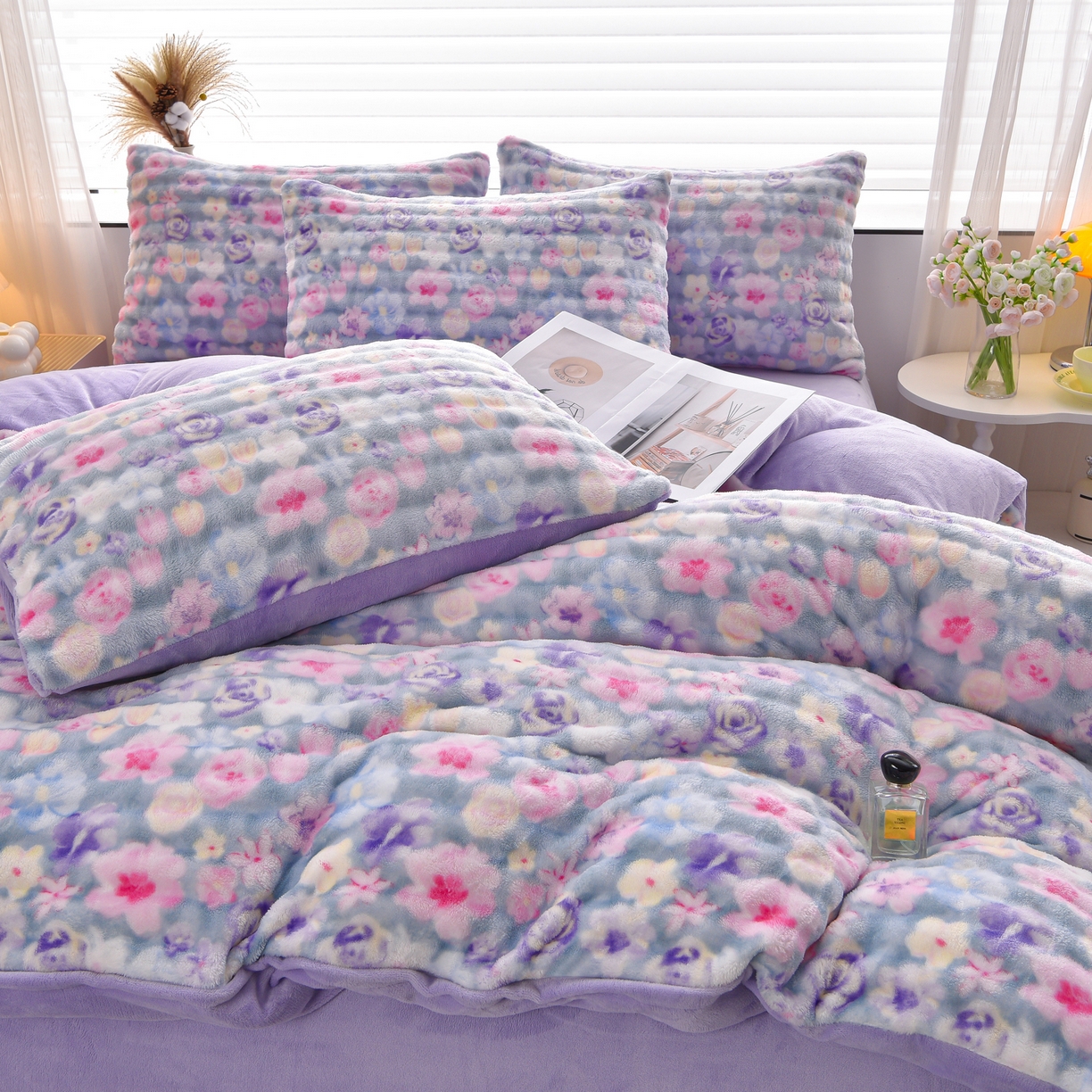 91家纺网 家纺一手货源 找家纺 苏迪网销供货 2025新款牛奶绒加厚高克重A类兔毛牛奶泡泡绒四件套 水墨花园