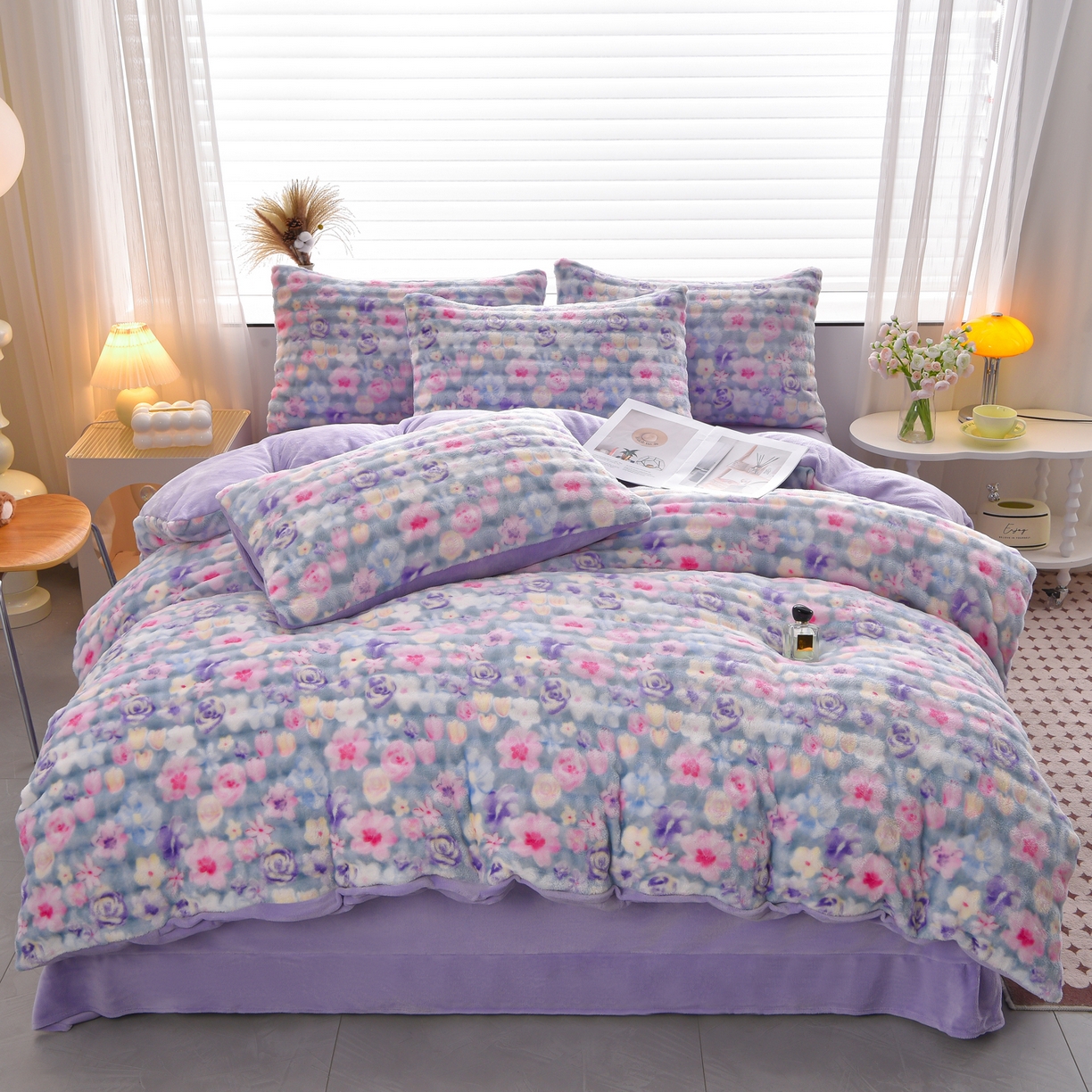 91家纺网 家纺一手货源 找家纺 苏迪网销供货 2025新款牛奶绒加厚高克重A类兔毛牛奶泡泡绒四件套 水墨花园