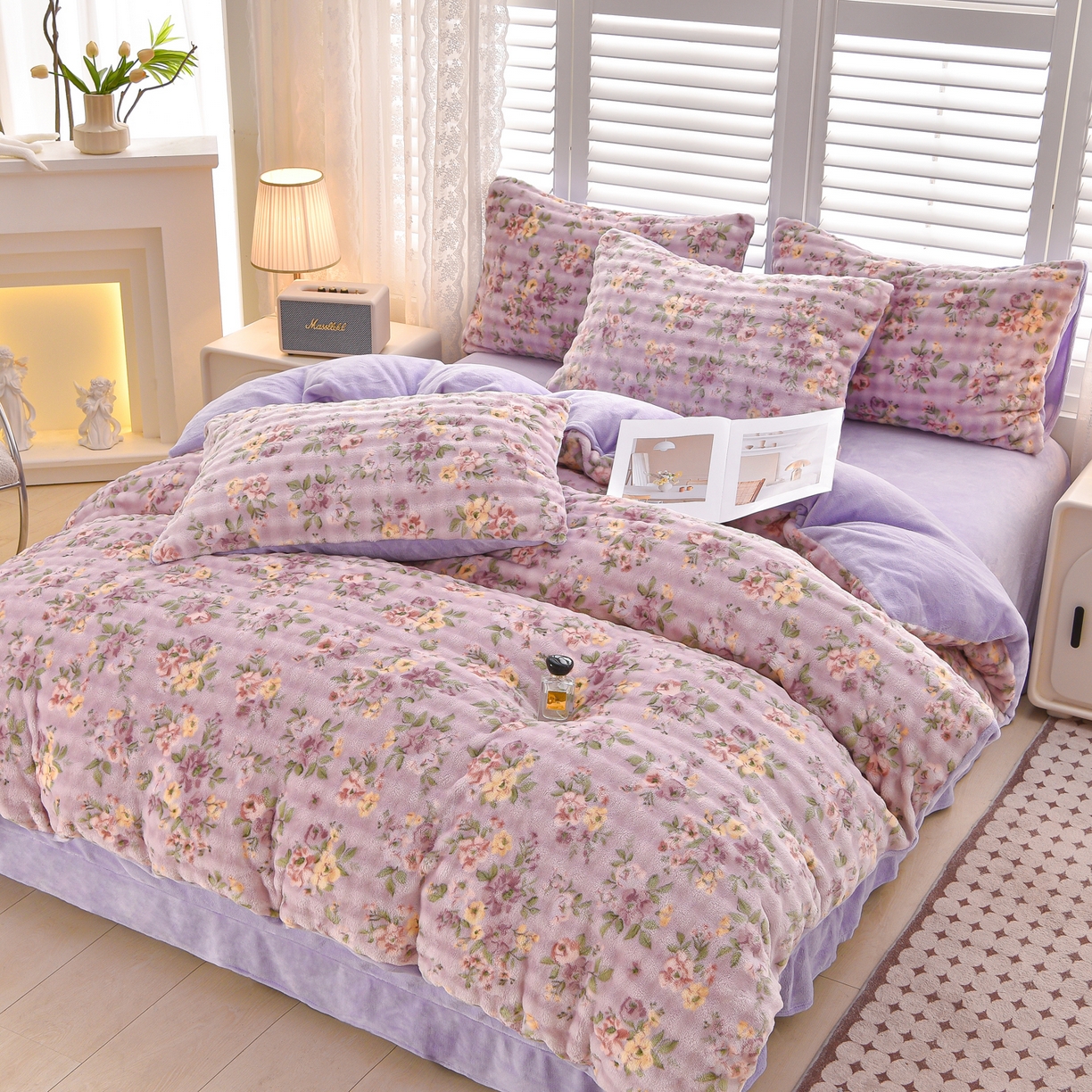 苏迪网销供货 2025新款牛奶绒加厚高克重A类兔毛牛奶泡泡绒四件套 悠悠花园