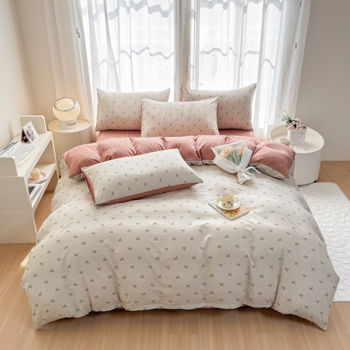 91家纺网 家纺一手货源 找家纺 铭浩家纺 2025新款A类针织棉双层纱四件套 蝶梦