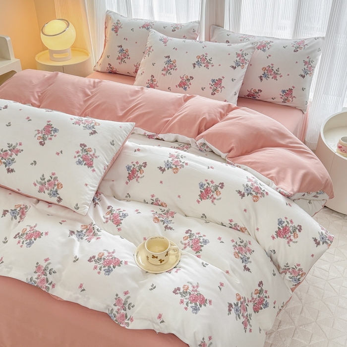 91家纺网 家纺一手货源 找家纺 铭浩家纺 2025新款A类针织棉双层纱四件套 花漾