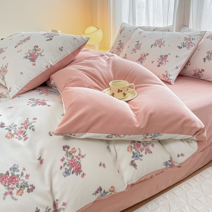 91家纺网 家纺一手货源 找家纺 铭浩家纺 2025新款A类针织棉双层纱四件套 花漾