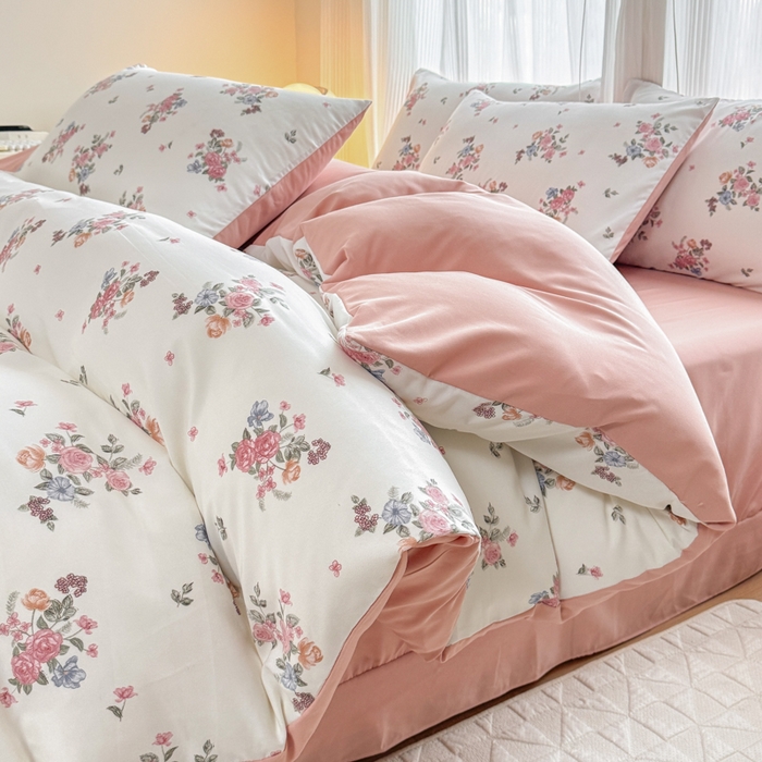 91家纺网 家纺一手货源 找家纺 铭浩家纺 2025新款A类针织棉双层纱四件套 花漾