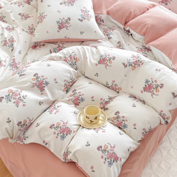 91家纺网 家纺一手货源 找家纺 铭浩家纺 2025新款A类针织棉双层纱四件套 花漾