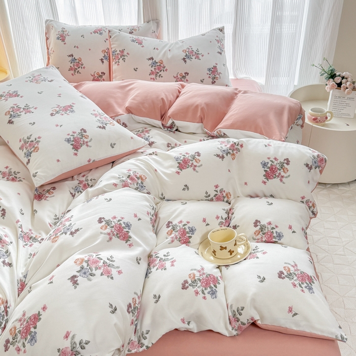 91家纺网 家纺一手货源 找家纺 铭浩家纺 2025新款A类针织棉双层纱四件套 花漾