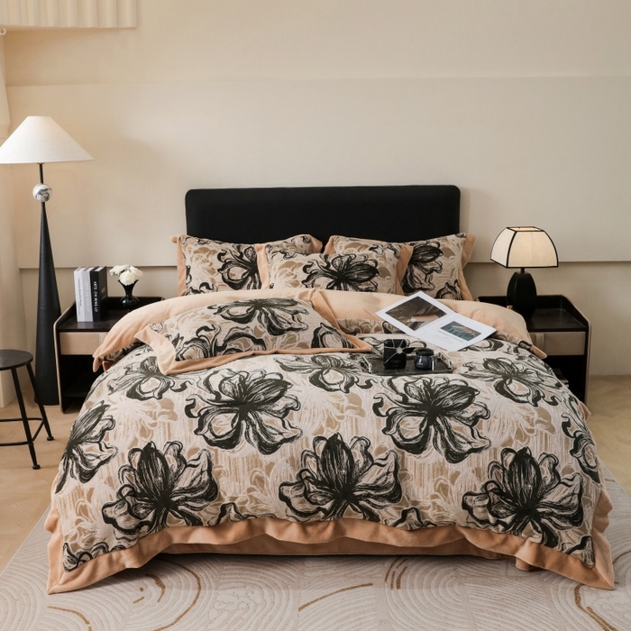91家纺网 家纺一手货源 找家纺 千姿坊 2025新款冬季雕花牛奶绒加厚保暖四件套复古风轻奢烂花床单被套床上用品 优雅花卉-黑棕