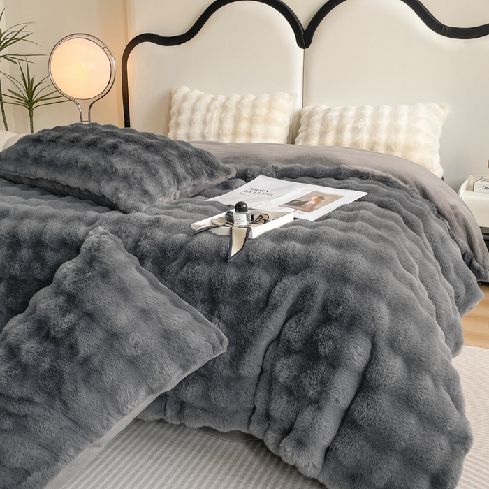 大元 2025新款A类280g保暖大泡泡兔毛绒四件套 高级灰
