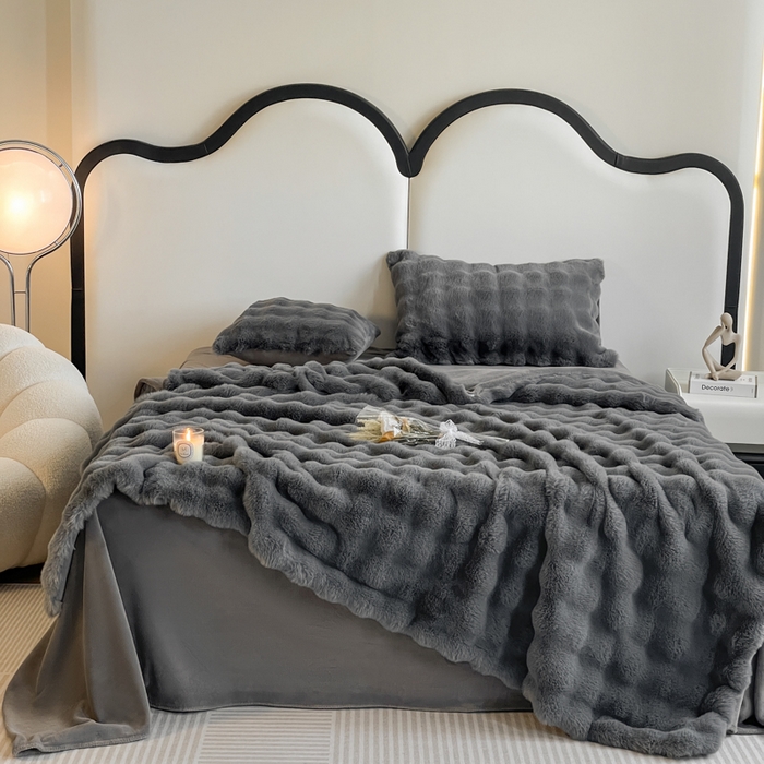 91家纺网 家纺一手货源 找家纺 大元 2025新款A类280g保暖大泡泡兔毛绒四件套 高级灰