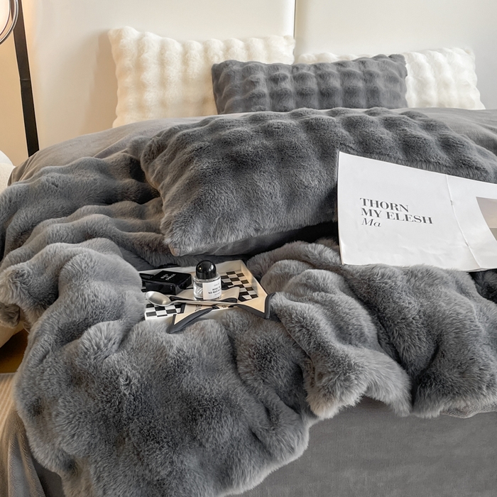 91家纺网 家纺一手货源 找家纺 大元 2025新款A类280g保暖大泡泡兔毛绒四件套 高级灰