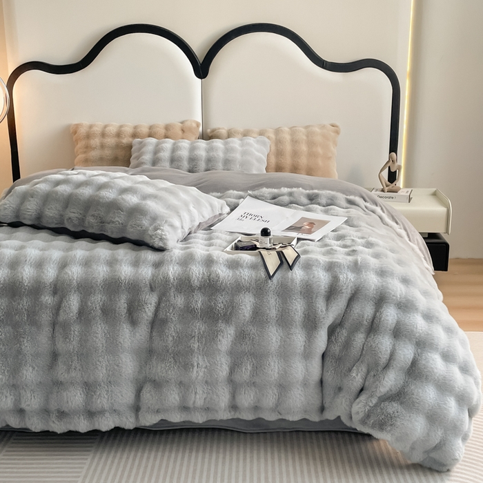 91家纺网 家纺一手货源 找家纺 大元 2025新款A类280g保暖大泡泡兔毛绒四件套 极地灰