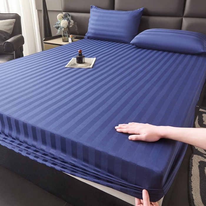 91家纺网 家纺一手货源 找家纺 梵克保罗 2025新款DT系列缎条工艺色丁床笠 DT-藏青