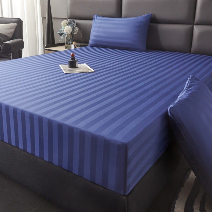 91家纺网 家纺一手货源 找家纺 梵克保罗 2025新款DT系列缎条工艺色丁床笠 DT-藏青