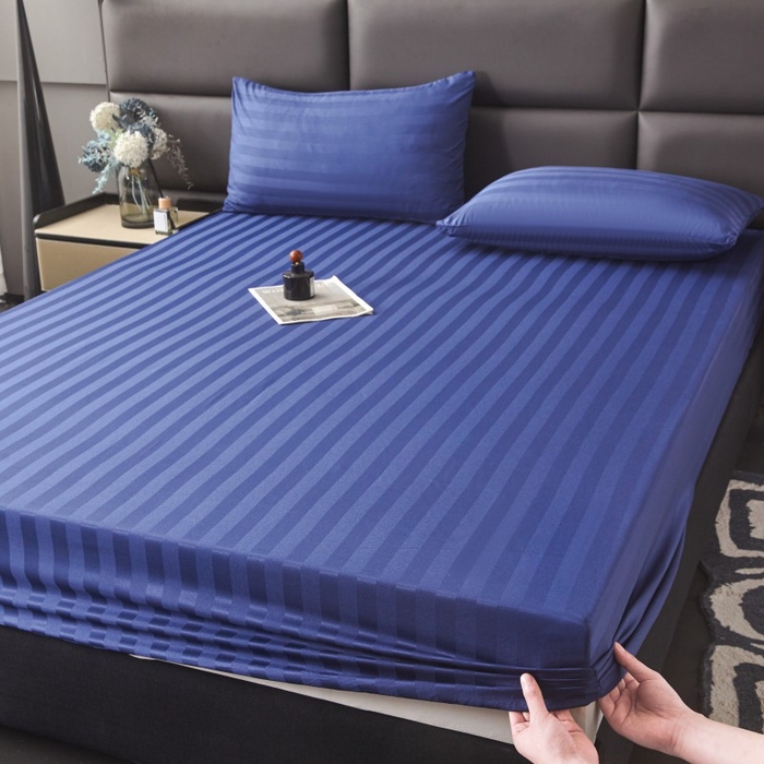 91家纺网 家纺一手货源 找家纺 梵克保罗 2025新款DT系列缎条工艺色丁床笠 DT-藏青