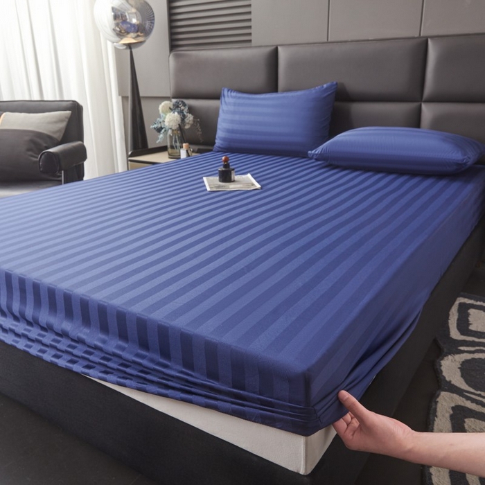 91家纺网 家纺一手货源 找家纺 梵克保罗 2025新款DT系列缎条工艺色丁床笠 DT-藏青