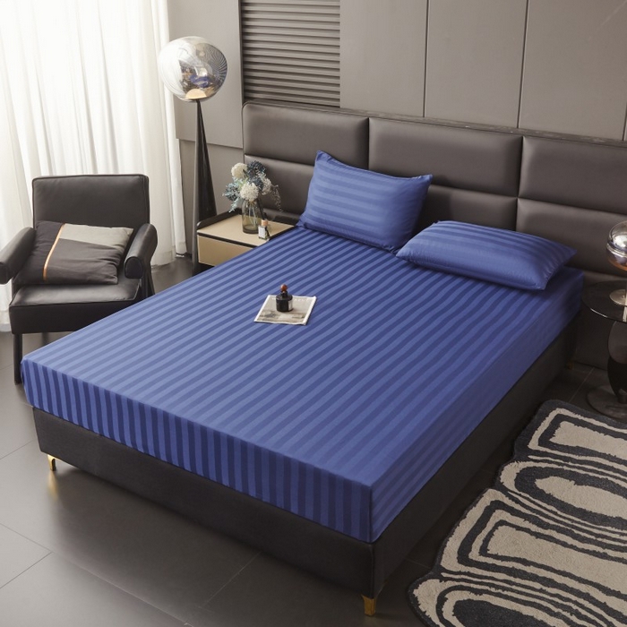 91家纺网 家纺一手货源 找家纺 梵克保罗 2025新款DT系列缎条工艺色丁床笠 DT-藏青