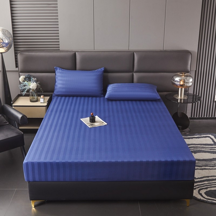 91家纺网 家纺一手货源 找家纺 梵克保罗 2025新款DT系列缎条工艺色丁床笠 DT-藏青