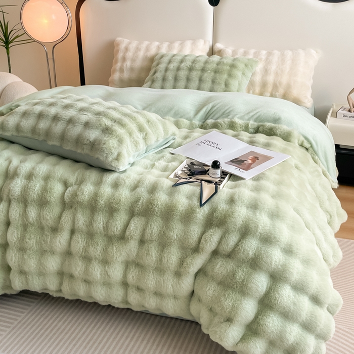 91家纺网 家纺一手货源 找家纺 大元 2025新款A类280g保暖大泡泡兔毛绒四件套 抹茶绿