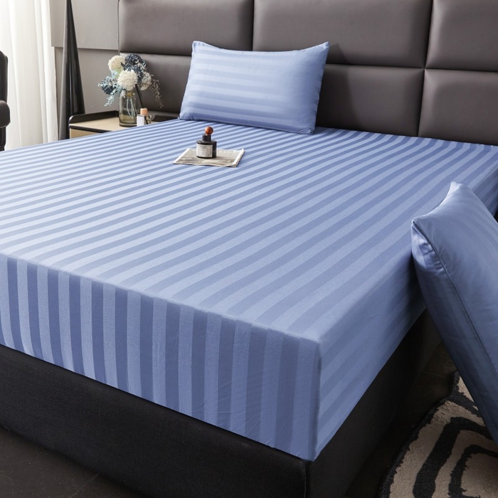 91家纺网 家纺一手货源 找家纺 梵克保罗 2025新款DT系列缎条工艺色丁床笠 DT-淡蓝