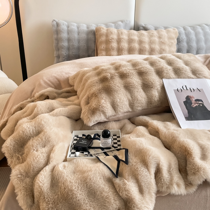 91家纺网 家纺一手货源 找家纺 大元 2025新款A类280g保暖大泡泡兔毛绒四件套 奶茶色