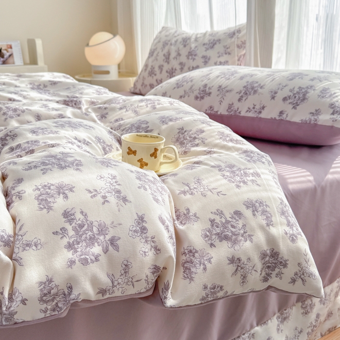 91家纺网 家纺一手货源 找家纺 铭浩家纺 2025新款A类针织棉双层纱四件套 紫嫣