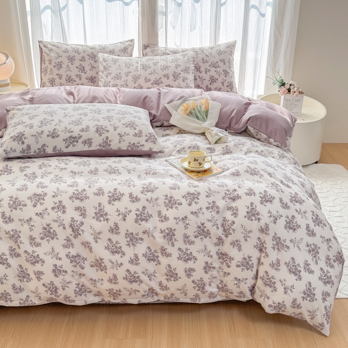 91家纺网 家纺一手货源 找家纺 铭浩家纺 2025新款A类针织棉双层纱四件套 紫嫣