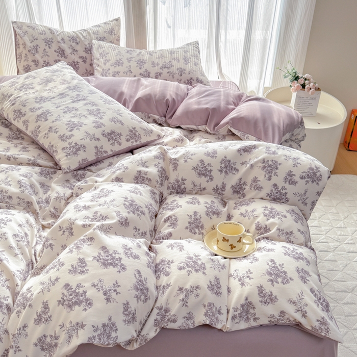 91家纺网 家纺一手货源 找家纺 铭浩家纺 2025新款A类针织棉双层纱四件套 紫嫣