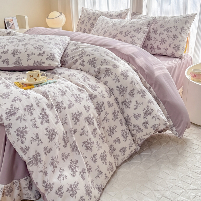 91家纺网 家纺一手货源 找家纺 铭浩家纺 2025新款A类针织棉双层纱四件套 紫嫣