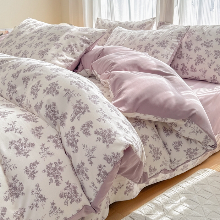 91家纺网 家纺一手货源 找家纺 铭浩家纺 2025新款A类针织棉双层纱四件套 紫嫣