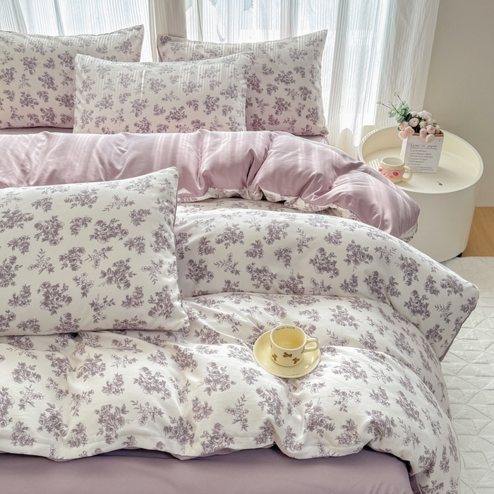 91家纺网 家纺一手货源 找家纺 铭浩家纺 2025新款A类针织棉双层纱四件套 紫嫣