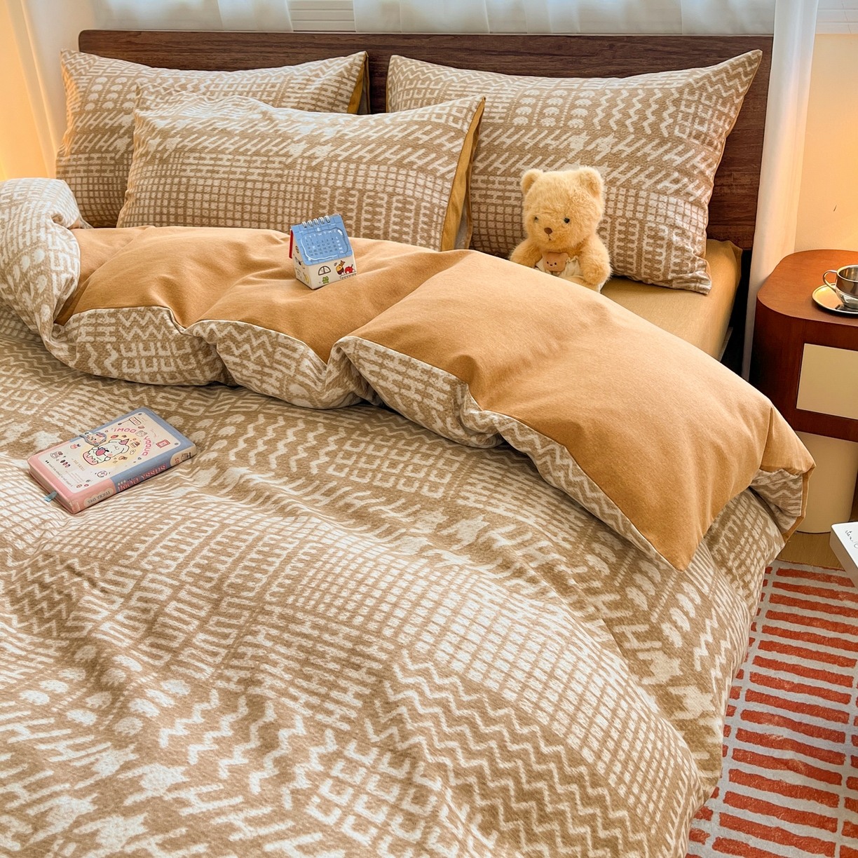 91家纺网 家纺一手货源 找家纺 典曼家纺 2025新款原棉磨毛印花四件套 布兰卡-咖