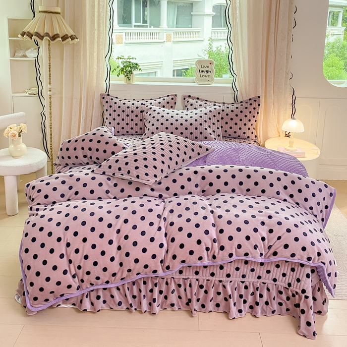 91家纺网 家纺一手货源 找家纺 （总）尚美 2025新款豆豆绒牛奶绒大花边床盖四件套-系列2（床盖花边随机）