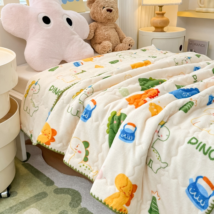 91家纺网 家纺一手货源 找家纺 禧缘家纺（原梦想家） 2025秋冬新款儿童加厚三层夹棉牛奶绒毛毯冬季双面绒保暖盖毯 多彩恐龙