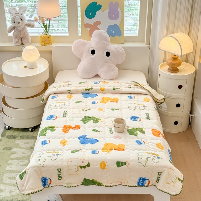 91家纺网 家纺一手货源 找家纺 禧缘家纺（原梦想家） 2025秋冬新款儿童加厚三层夹棉牛奶绒毛毯冬季双面绒保暖盖毯 多彩恐龙