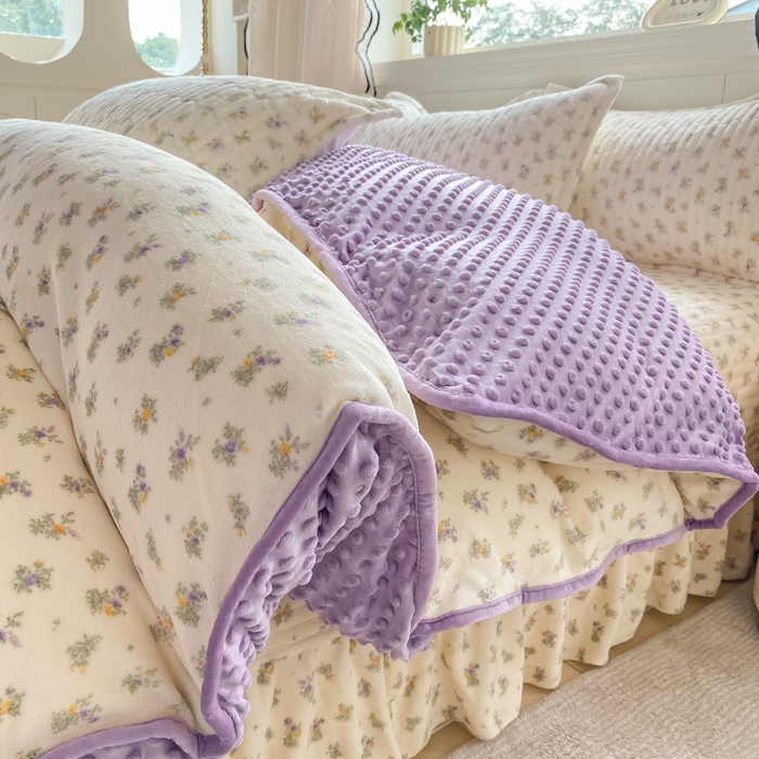 91家纺网 家纺一手货源 找家纺 尚美 2025新款豆豆绒牛奶绒大花边床盖四件套-系列2（床盖花边随机） 花紫