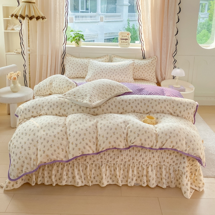 尚美 2025新款豆豆绒牛奶绒大花边床盖四件套-系列2（床盖花边随机） 花紫
