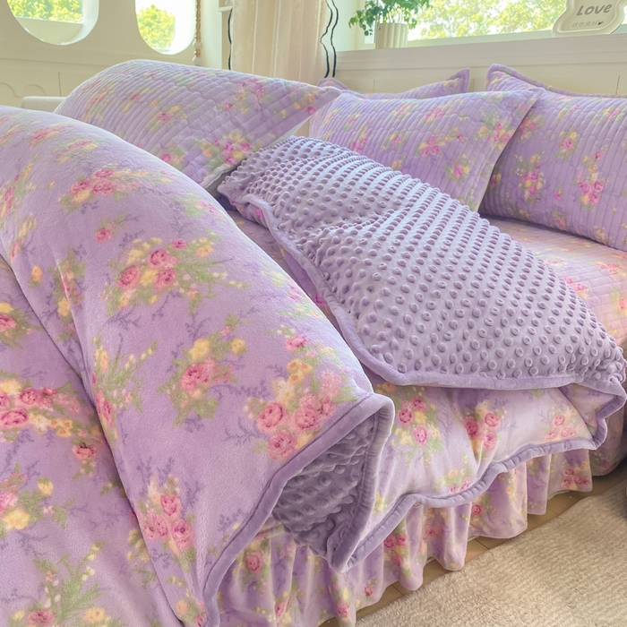 91家纺网 家纺一手货源 找家纺 尚美 2025新款豆豆绒牛奶绒大花边床盖四件套-系列2（床盖花边随机） 紫苏