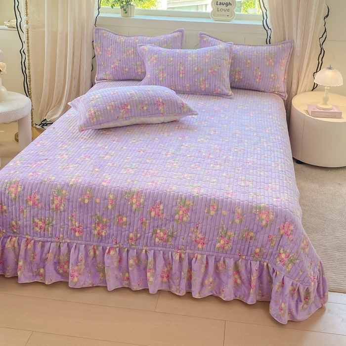 91家纺网 家纺一手货源 找家纺 尚美 2025新款豆豆绒牛奶绒大花边床盖四件套-系列2（床盖花边随机） 紫苏