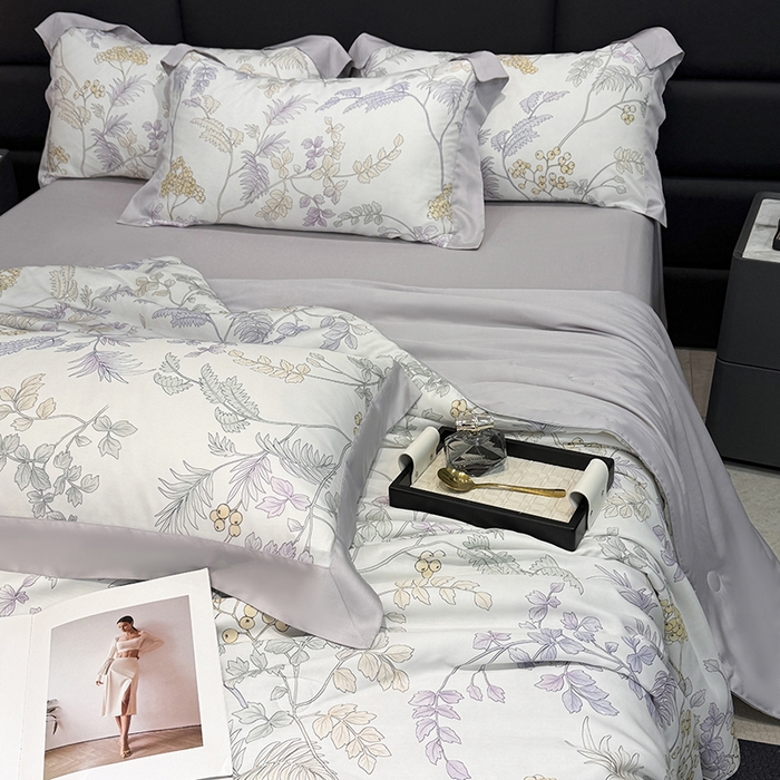 91家纺网 家纺一手货源 找家纺 梵克保罗 2025春夏新款莱赛尔天丝夏被嵌绳款数码印花单夏被夏被四件套单床笠单床单款 析漫枝