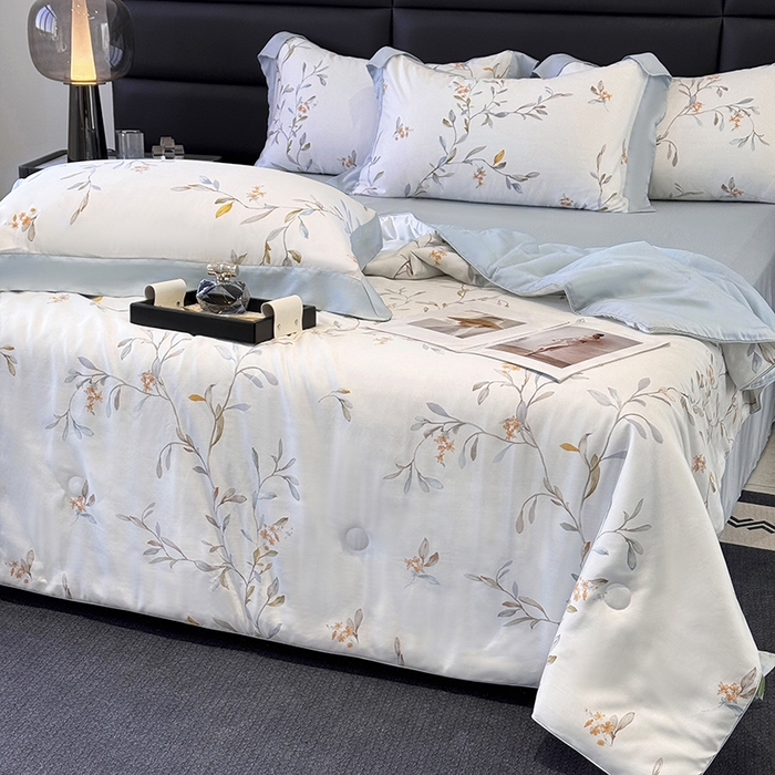 91家纺网 家纺一手货源 找家纺 梵克保罗 2025春夏新款莱赛尔天丝夏被嵌绳款数码印花单夏被夏被四件套单床笠单床单款 清雅