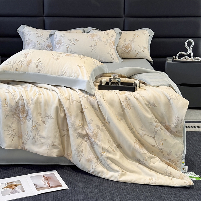 91家纺网 家纺一手货源 找家纺 梵克保罗 2025春夏新款莱赛尔天丝夏被嵌绳款数码印花单夏被夏被四件套单床笠单床单款 妍艺