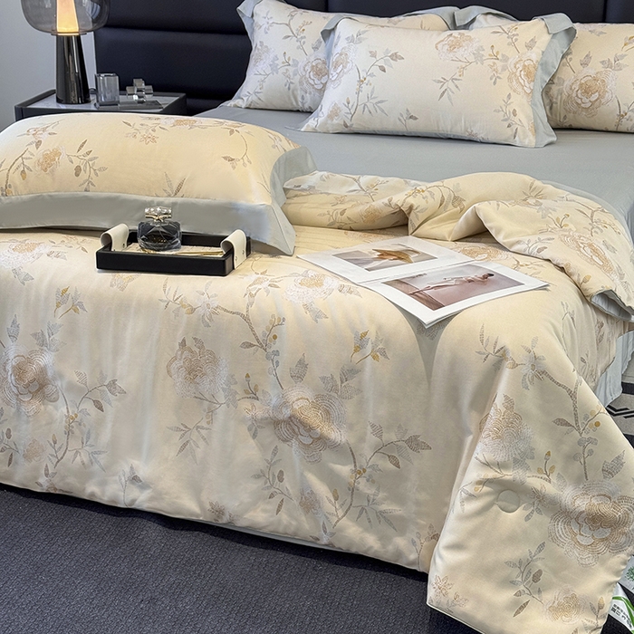 91家纺网 家纺一手货源 找家纺 梵克保罗 2025春夏新款莱赛尔天丝夏被嵌绳款数码印花单夏被夏被四件套单床笠单床单款 妍艺