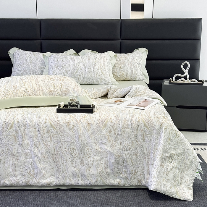 91家纺网 家纺一手货源 找家纺 梵克保罗 2025春夏新款莱赛尔天丝夏被嵌绳款数码印花单夏被夏被四件套单床笠单床单款 莉格西塔